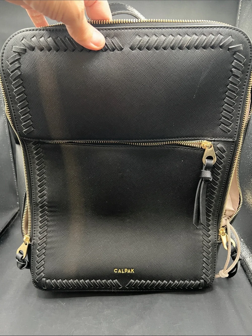 Calpak Black Faux Leather Backpack with Gold Hardware